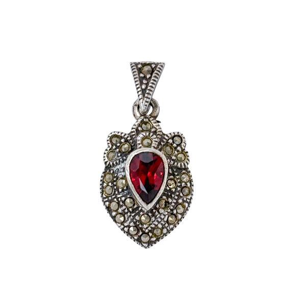 Estate Sterling Silver 925 Red Garnet Marcasite Pendant - Picture 3 of 8